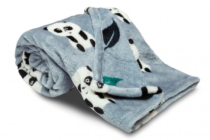 Dětská deka z mikroflanelu SLEEP WELL 75x100cm s potiskem PANDA A LÍSTEČKY MODRÁ