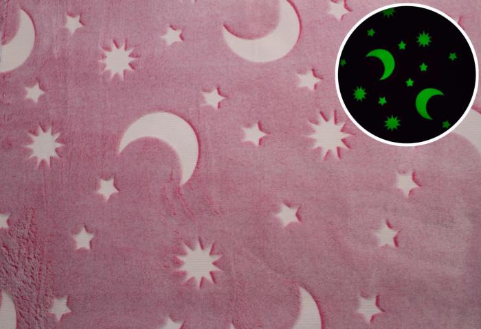 Metráž mikroplyš-svítící ve tmě, hvězdy růžové, šíře 160 cm