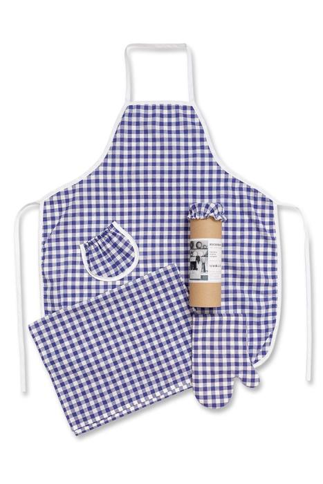 Originální kuchyňská souprava kanafas modrý, tubus - zástěra, utěrka, chňapka