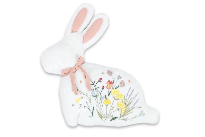 Plyšový polštářek zajíc s bohatou výšivkou, bílý