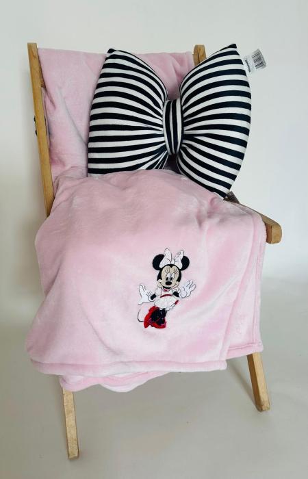 Sada deka mikroflanel UNI sv. růžová s výšivkou Minnie a polštářek mašle