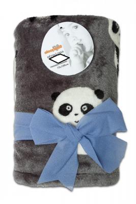 Dětská deka z mikroflanelu SLEEP WELL 75x100cm s potiskem PANDA A LÍSTEČKY ŠEDÁ